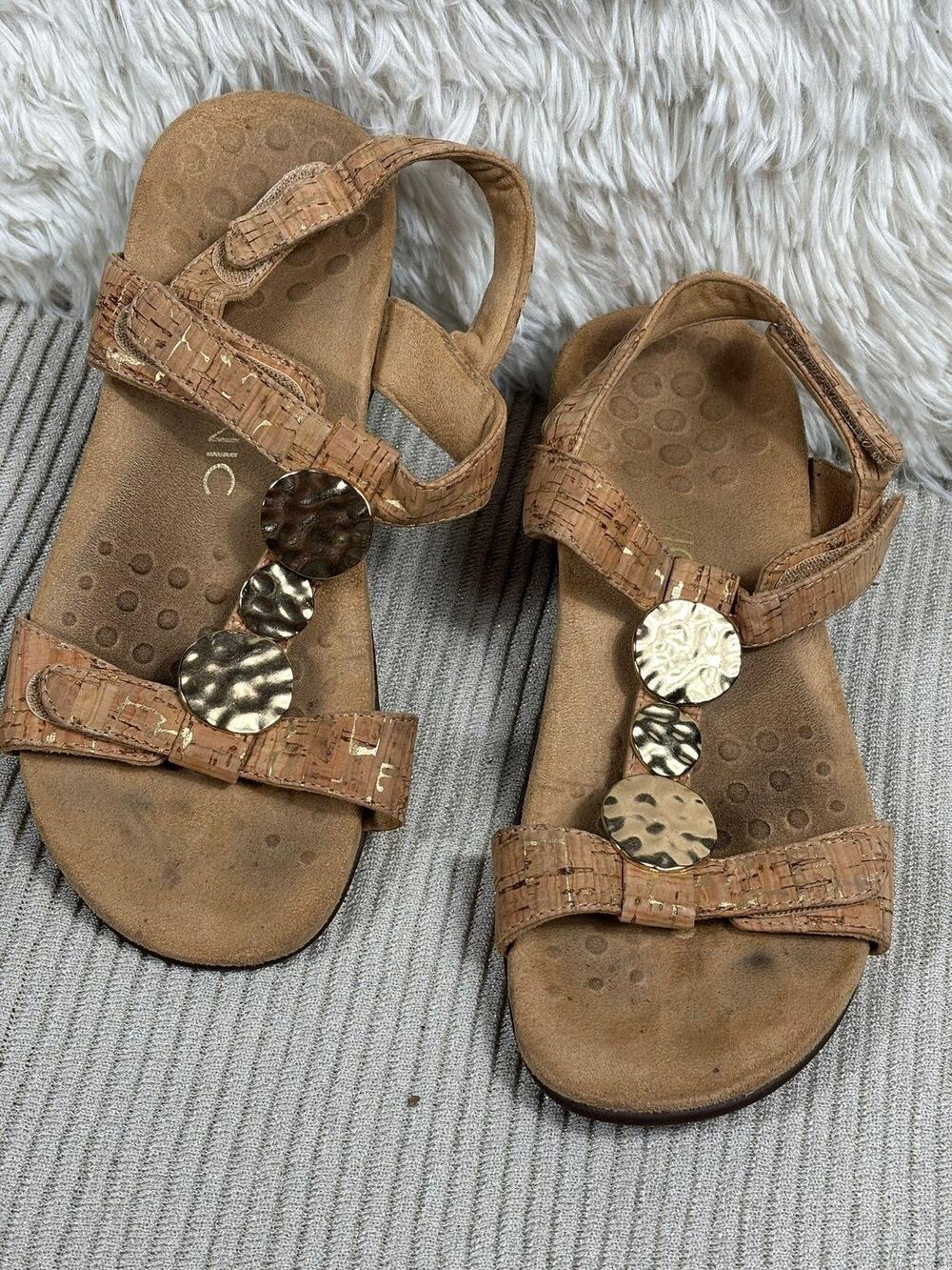 Vionic Farra Ankle Strap Orthotic Sandals Womens Size 6 Tan Cork Comfort Footbed